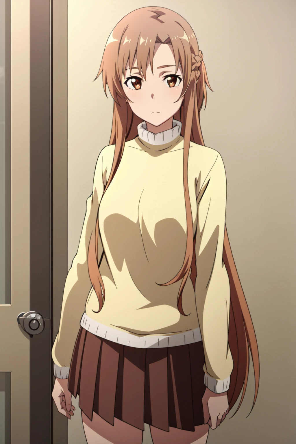 <lora:anime_screencap_v2:0.3> tall body, tall, long legs, mature female, mature, adult, <lora:GoodHands-beta2:1.4>, simple background, indoors
<lora:eft_s1_asuna:0.8> Eft_sao_asuna, 1girl, long hair, asuna (sao), brown hair, solo, brown eyes, skirt, sweater, looking at viewer, standing, long sleeves, braid, very long hair