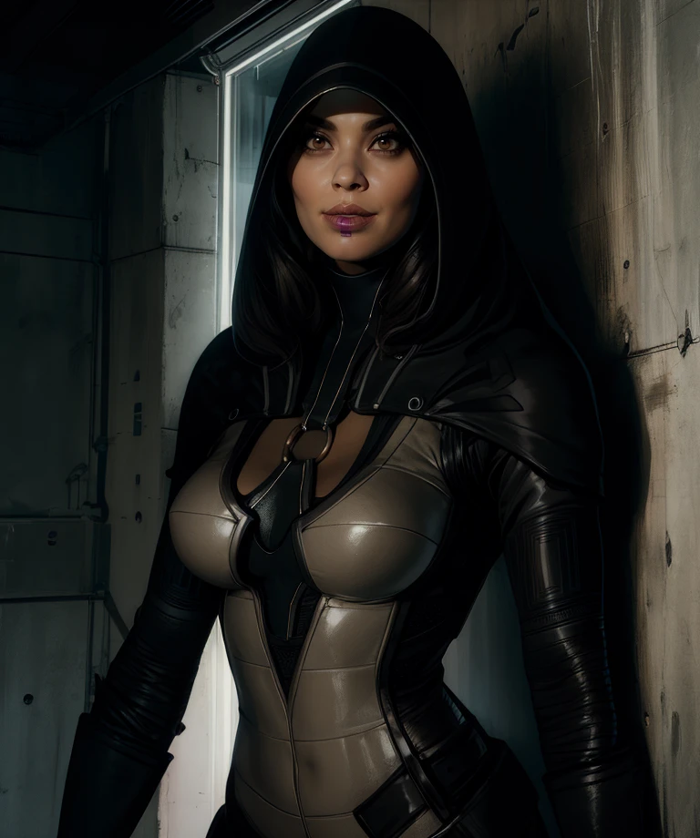 kasumig,lipstick,brown eyes,smile,black hair,
black bodysuit,hood,looking at viewer,
upper body,o-ring,
science fiction,night,against wall,
(insanely detailed, masterpiece, best quality) solo,<lora:kasumiG:0.8>,