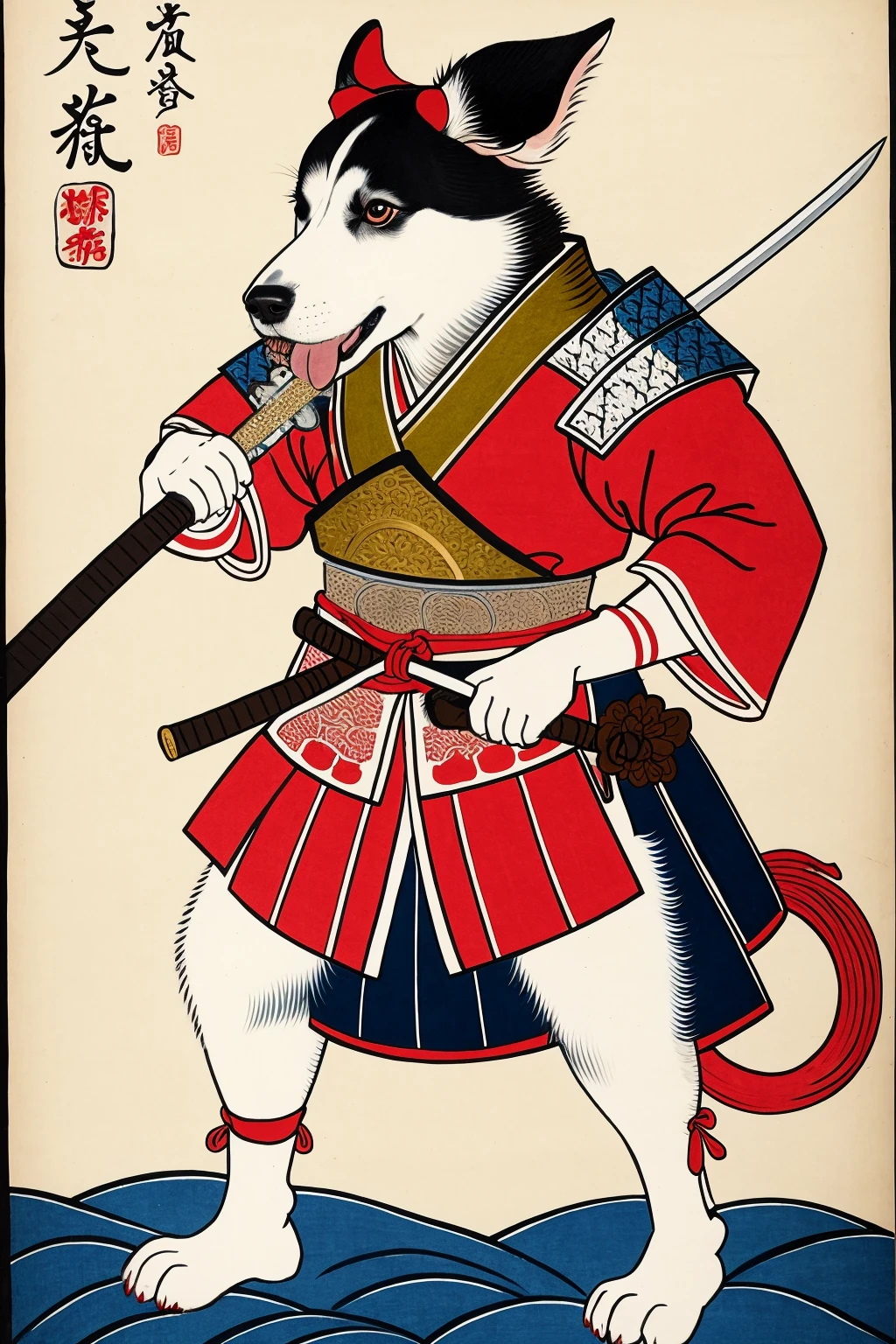 There is a dog with a fish and a sword on a white background, samurai dog, dog warrior, armored dog, anthropomorphic dog ninja, samurai deity with koi armor, by kanŠtan'yū, highly detailed and colored, in the art style of ukiyo - e, inspired by utagawa kuniyoshi