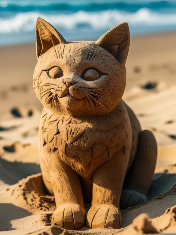 master piece, high quality, a cute cat made of sand, on the beach <lora:J_shadiao:0.8>