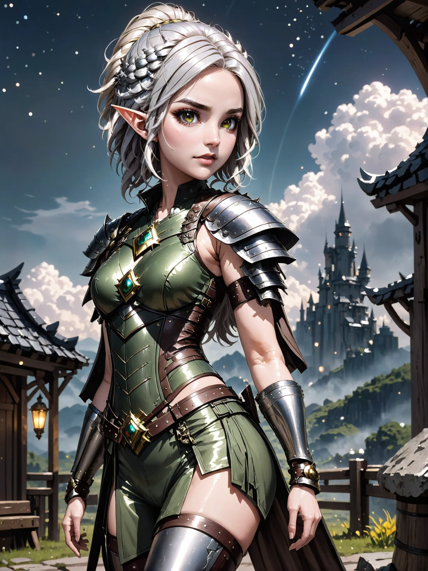 anime style, 1girl, woman, heroic elf amazon huntress, toned, leather pauldrons, silver hair, hair bunfur cape, paw pose, bombshell hair, shiny color:olive metal hair, half updo, slim, atheletic figure, narrow waist, small breasts, caucasian, cosmic,cloud fantasy village at the end of time<lora:EnvyBeautyXL12:1><lora:EnvyBetterHiresFixXL01:0@0,0@.49,1@.5:hr=1>