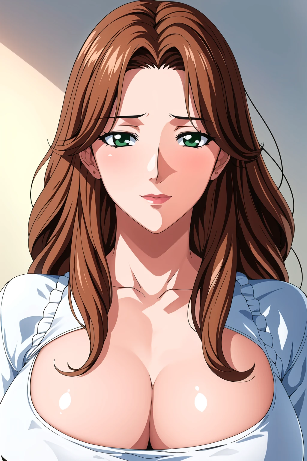 Simple White Background,
Black shirt, frilled sleeves, long sleeves, collarbone, cleavage,
<lora:Ayame_Zenouji_Yakata-KK77-V1:0.7>,
blue eyes, brown hair,bangs,Long hair,
<lora:Oda_Non_Style-KK77-V2:0.3>,<lora:more_details:0.1>,
1 girl, 20yo,Young female,Beautiful long legs,Beautiful body,
Beautiful Nose,Beautiful character design, perfect eyes, perfect face,expressive eyes,perfect balance,
looking at viewer,(Focus on her face),closed mouth, (innocent_big_eyes:1.0),(Light_Smile:0.3),
official art,extremely detailed CG unity 8k wallpaper, perfect lighting,Colorful, Bright_Front_face_Lighting,White skin,
(masterpiece:1.0),(best_quality:1.0), ultra high res,4K,ultra-detailed,
photography, 8K, HDR, highres, absurdres:1.2, Kodak portra 400, film grain, blurry background, bokeh:1.2, lens flare, (vibrant_color:1.2),professional photograph,
(Beautiful,large_Breasts:1.4), (beautiful_face:1.5),(narrow_waist),