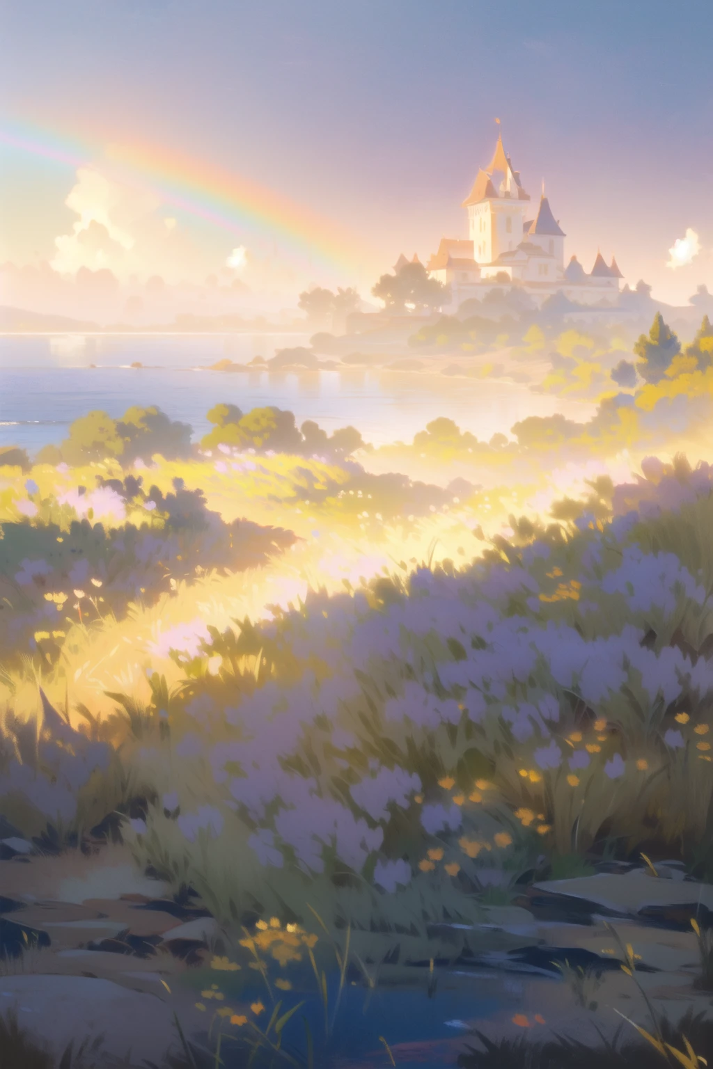 (realistic, digital art, painting_style:1.1), small details, best quality, 8k, trending on artstation, beautiful lighting, award-winning, realistic shadows, realistic lighting, beautiful lighting, raytracing, intricate details, <lora:MoRococo:0.7>, (outdoors, facing away from camera,scenery, rainbow, island castle in distance, A spring scene in a vast flower field, a gentle breeze rustling through the dry grass, vivid, Soft and warm subtle color palette, delicate brushwork, evocative use of light and shadow, wide shot, ocean:1.2), (detailed flowers:1.3)