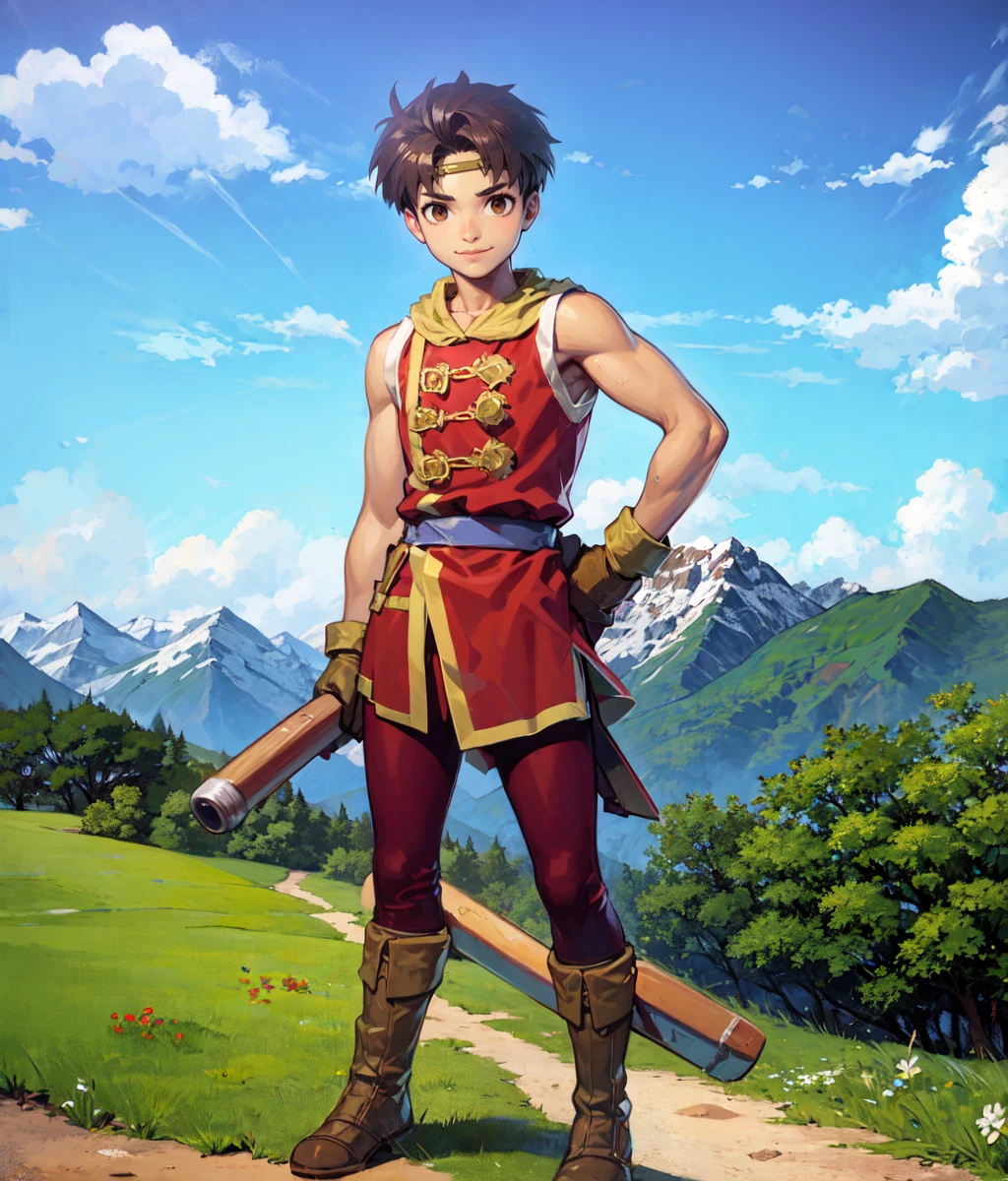 masterpiece, anime screencap, 1 boy, solo, brown hair, circlet chinese clothes, red shirt, bare arms, brown pants, tonfa, full body, outdoors, mountain, cowboy shot  <lora:Riou:1>