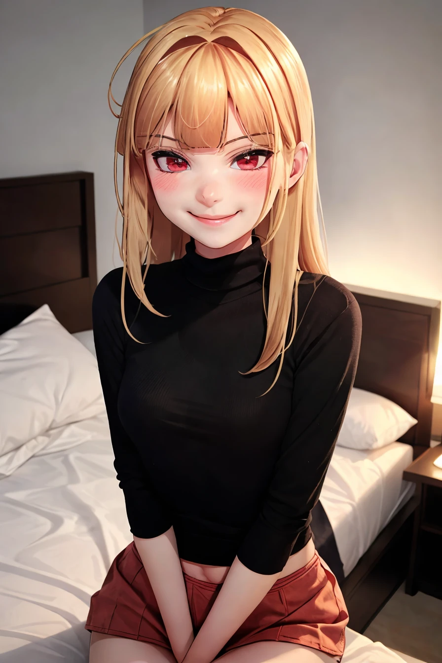 raw photo, in a dark bedroom, <lora:ddckimsungah:.9>, ddckimsungah, 1girl, blonde hair, red eyes, bangs, small breasts, blunt bangs, raw photo, upper body, turtleneck sweater, slight smile