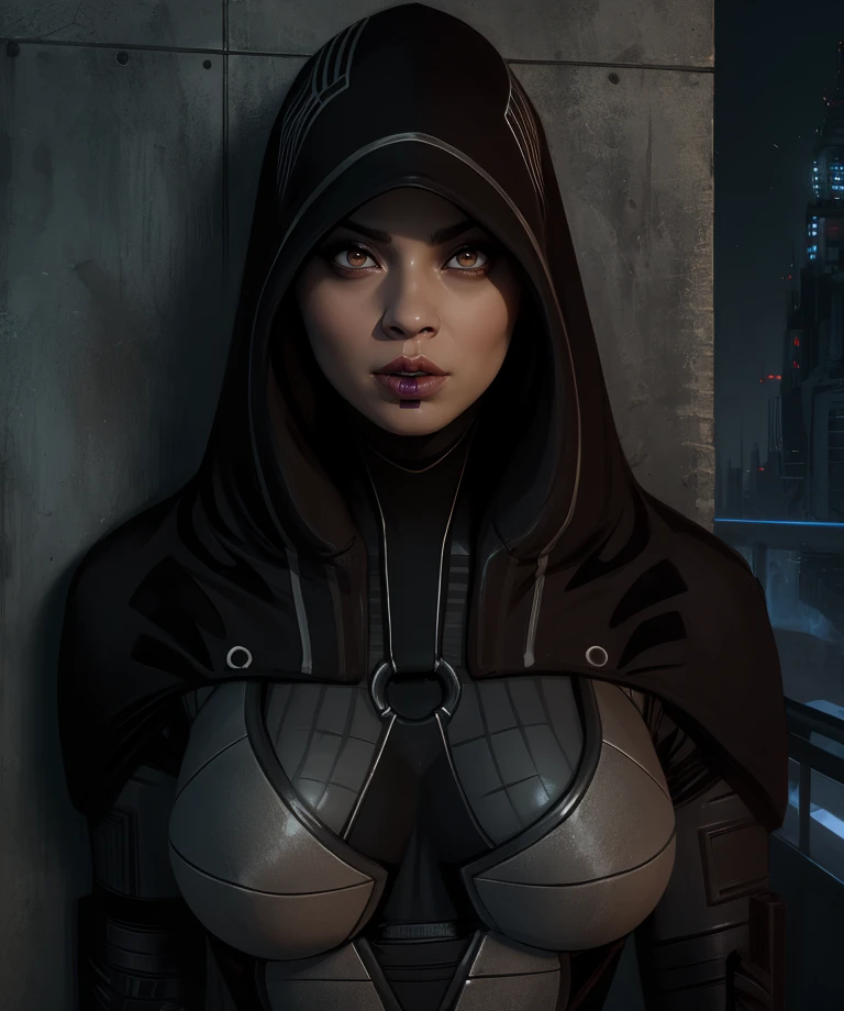 kasumig,lipstick,brown eyes,serious,
black bodysuit,hood,looking at viewer,
upper body,o-ring,
science fiction,night,against wall,
(insanely detailed, masterpiece, best quality) solo,<lora:kasumiG:0.8>,