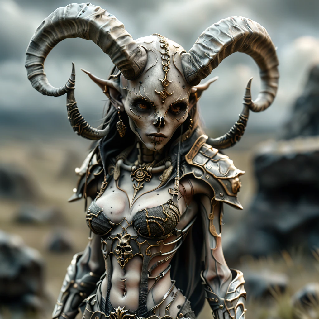 a female <lora:RPGLeraie:0.7> leraie ready for battle in the middle of the steppes, 1girl, solo, bikini top, upper body, horns, armor, blurry, grey skin, (red eyes), spine, bones, no humans, bow (weapon), ((looking at viewer)), realistic:1.1, depth of field, atmospheric effects, dangerous battlefield
