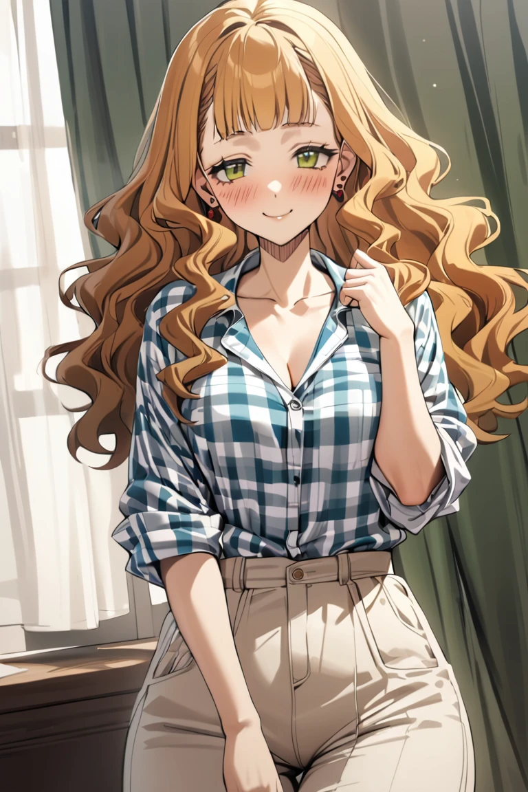 masterpiece, best quality, ultra detailed, cute, 
1girl, mimosa vermillion, green eyes , wavy hair, earrings,
casual clothes, hawai shirt, printed, checkered shirt, oversized shirt, tucked in, pants, layered pants, drapes, , blush, smile ,cowboy shot, looking at viewer, best quality, absurdres, best aesthetic
<lora:MimosaVermillion_XL-000009:1>