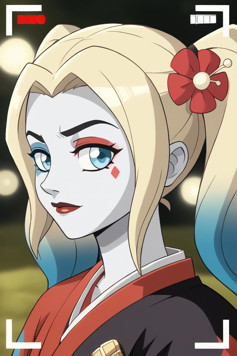 Harley Quinn,  of (Ultra detailed:1.3),  (digital art:1.3) of (Ultra detailed:1.3)(masterpiece), ,  close up portrait,  eyes shoot,  front of the camera,  looking at camera,  best quality,  highly detailed,  8K RAW photo,  film grain,  bokeh,  turned away but looking back over her shoulder,  momohime,  hair flower,  japanese clothes,  armor,  kimono,  thighhighs,<lora:EMS-255619-EMS:0.800000>,<lora:EMS-289246-EMS:0.800000>,<lora:EMS-228233-EMS:0.900000>