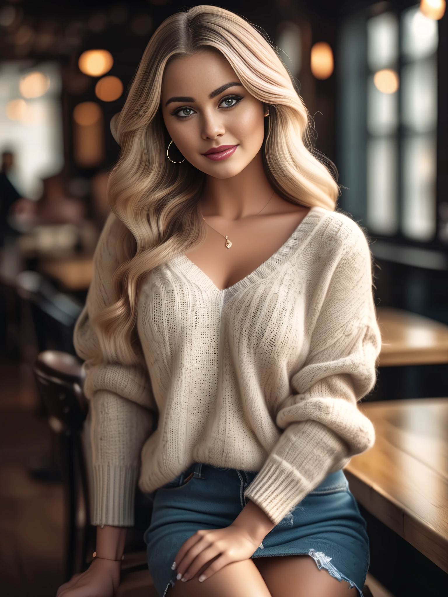 biomechanical style a woman wearing a wool sweater in a coffee shop,<lora:bustyblonde-000002>,bustyblonde,<lora:add-detail-xl>, . blend of organic and mechanical elements, futuristic, cybernetic, detailed, intricate