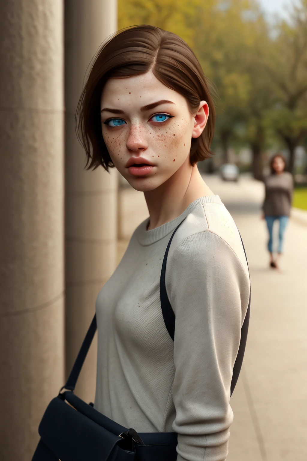1girl, bag, blue eyes, blurry, blurry background, brown eyes, closed mouth, day, freckles, lips, looking at viewer, looking to the side, mole, nose woman, outdoors, pants, realistic, realistic woman, shirt, short hair, solo, sweater <lora:SN3DM_sd15_scaled_128-000012:0.75> sn3dm