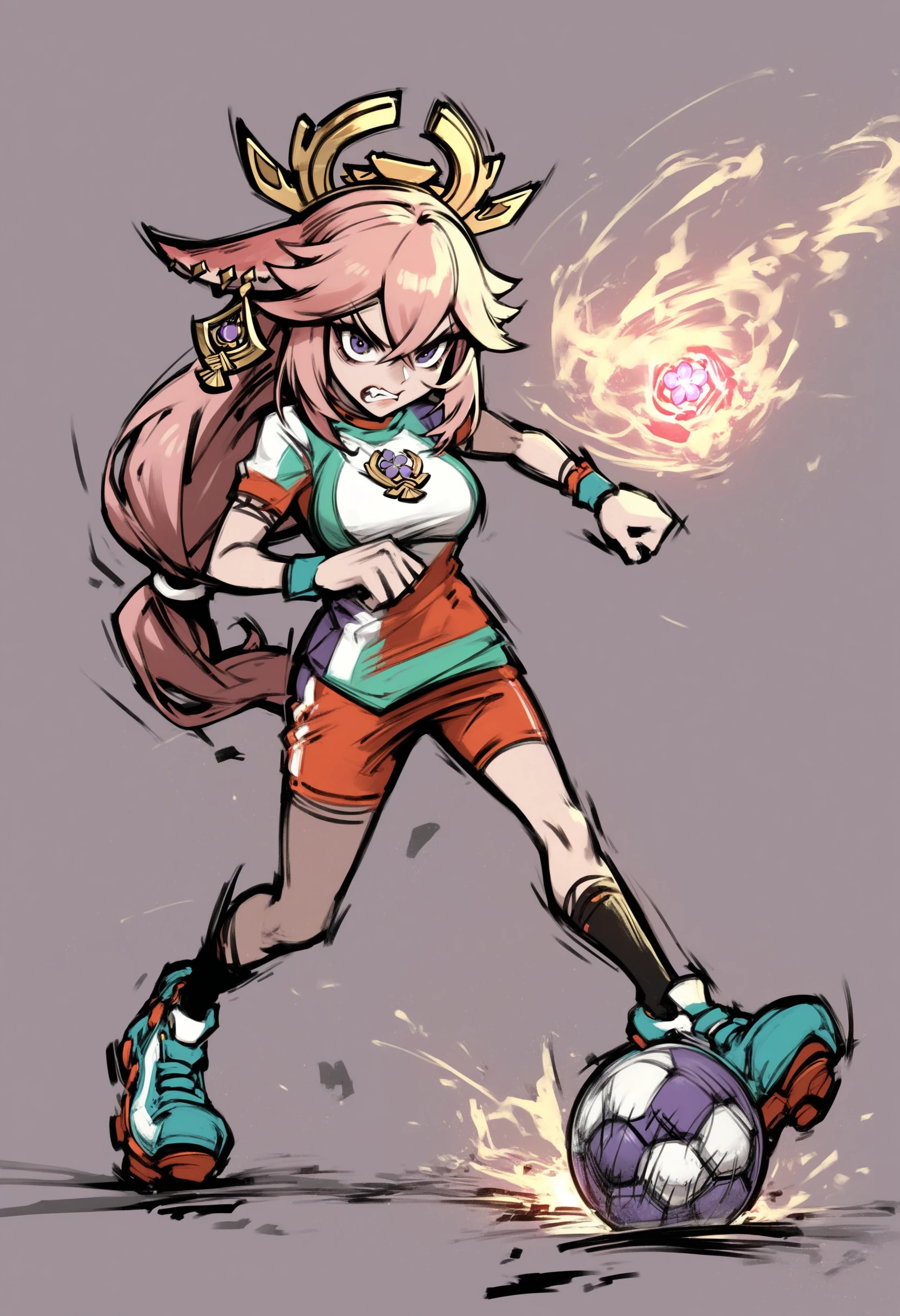 score_9, score_8_up, score_7_up, source_anime, 1girl, soccer ball, sportswear, soccer uniform, full body, angry, <lora:MarioStrikerXL:1>, lineart, yae miko, aura,