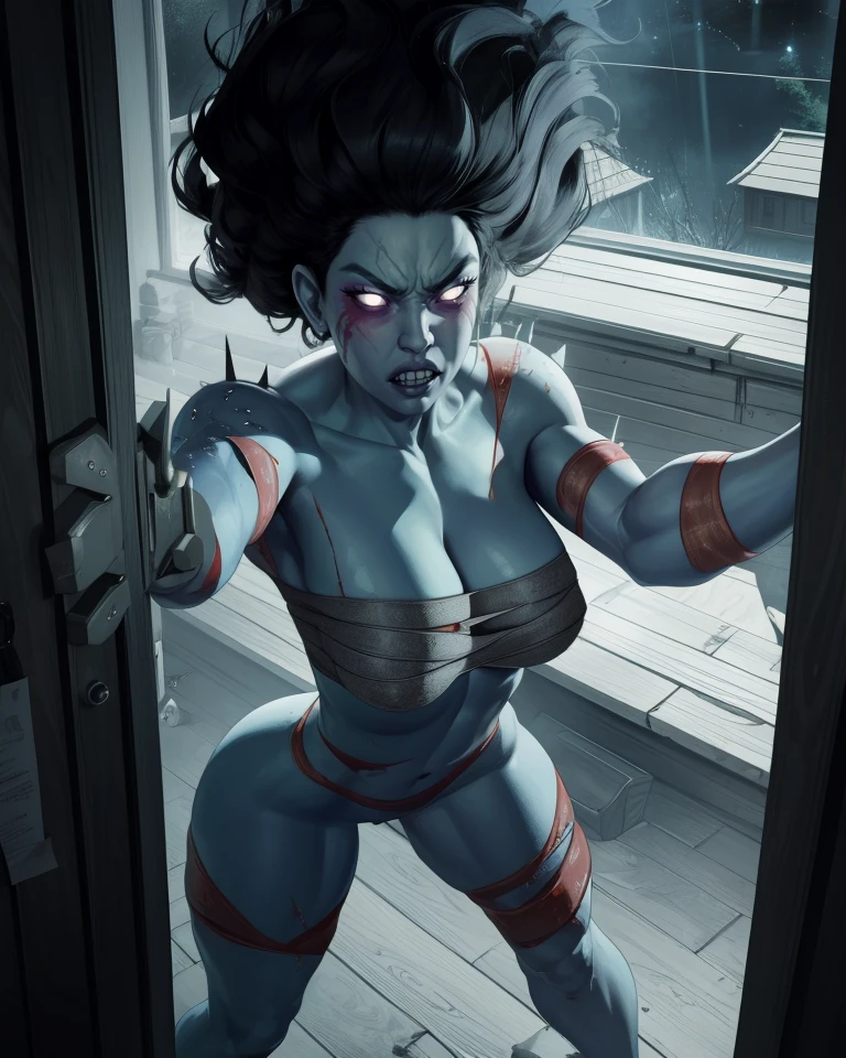 TheSpirit,black floating hair,white eyes,large hair,glass,flesh,blue skin,injury, detached limbs,
angry,lips,standing,cleavage,
toned,clenched teeth,
bandages,chest sarashi,
cabin,reaching out,
night,
(insanely detailed, beautiful detailed face, masterpiece, best quality),solo,<lora:TheSpiritDE:0.8>,