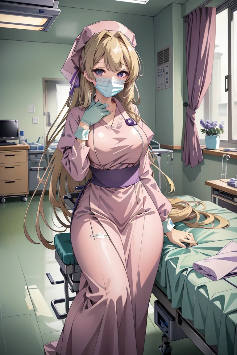 ((masterpiece, best quality,lower_body)), operating table,medical monitors,hospital bed,  <lora:Hitomi Naruse v1:0.8> (hitomi naruse, 1girl, very long hair, large breasts, blonde hair, purple eyes, hair ribbon, antenna hair), <lora:surgical_v3:0.8> (surgical_uniform_3.0, surgical mask, gloves,surgical cap,long sleeves),