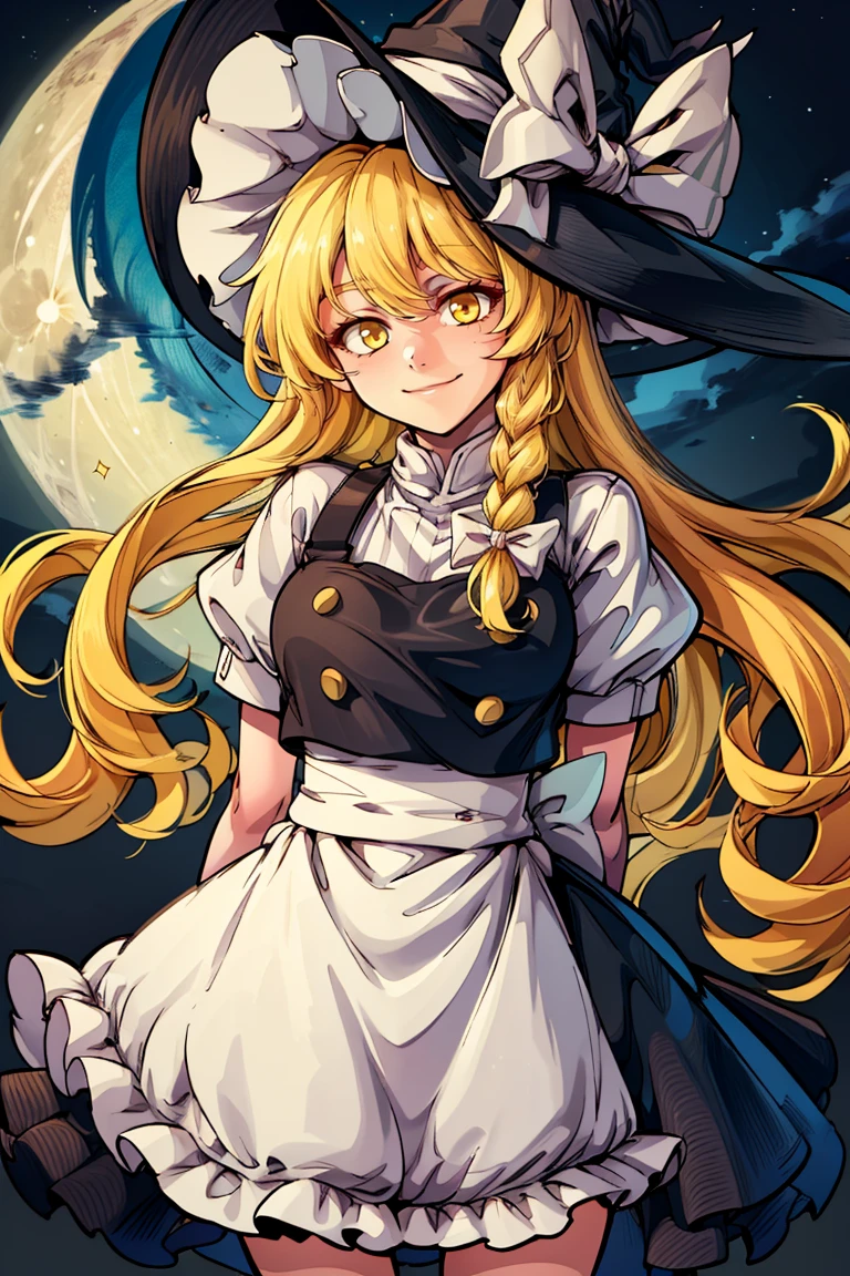 ((masterpiece,best quality)), absurdres, <lora:Kirisame_Marisa_Touhou:0.8>, Kirisame_Marisa_Touhou,   1girl, blonde hair, kirisame marisa, solo, long hair, braid, white bow, black witch hat, yellow eyes, single braid, hair bow, black skirt, apron,  solo, smiling, looking at viewer, cowboy shot, full moon, big moon