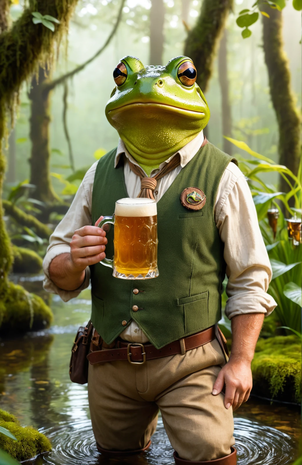 Charismatic, rotund frog tavern keeper in a lush swamp, Frothy amber beer in webbed hands, Dressed in rustic vest and breeches, Surroundings teeming with life, Realistic and fantasy style, Invites all creatures for a swig, Magical other-world feel, Finest swamp-brewed beer.