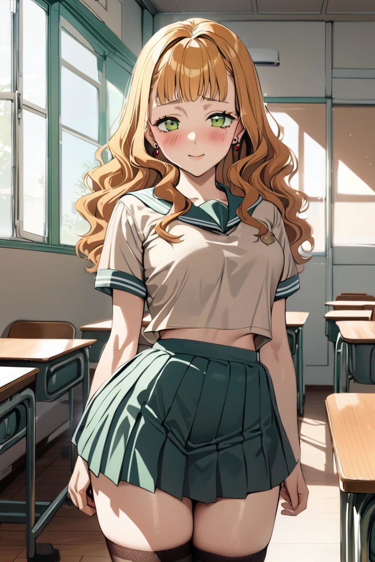 masterpiece, best quality, ultra detailed, cute, 
1girl, mimosa vermillion, green eyes , wavy hair, earrings,
school unifrom, serafuku, skirt, stockings, indoors, school , classroom, blush, light smile ,cowboy shot, looking at viewer, best quality, absurdres, best aesthetic
<lora:MimosaVermillion_XL-000009:1>