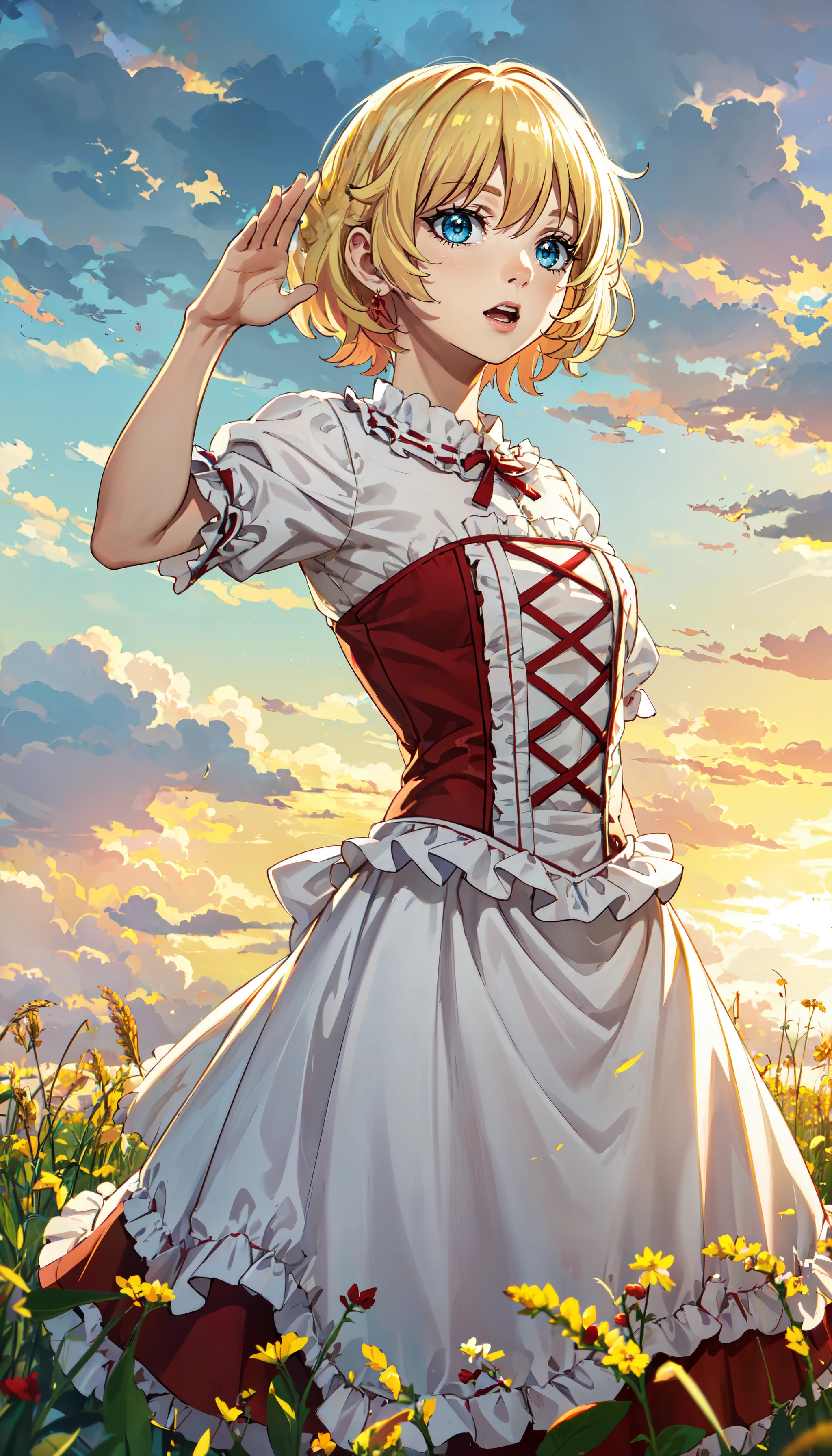 photorealistic, (4k), depth of field, (Masterpiece), (realistic skin texture), extremely detailed, intricate, hyper detailed, professional photography, bokeh, high resolution, sharp detail, best quality, girl, short hair, blonde hair, blue eyes, white blouse, (red skirt:1.5), (long skirt), red corset, waist apron, <lora:GoodHands-beta2:0.5>. <lora:detail_slider_v4:0.8> , dynamic pose, (waving), <lora:Ururu Fleur-000003:0.8> , bare neck, petite, open field, wheat field, sunrise, wind, storm clouds,