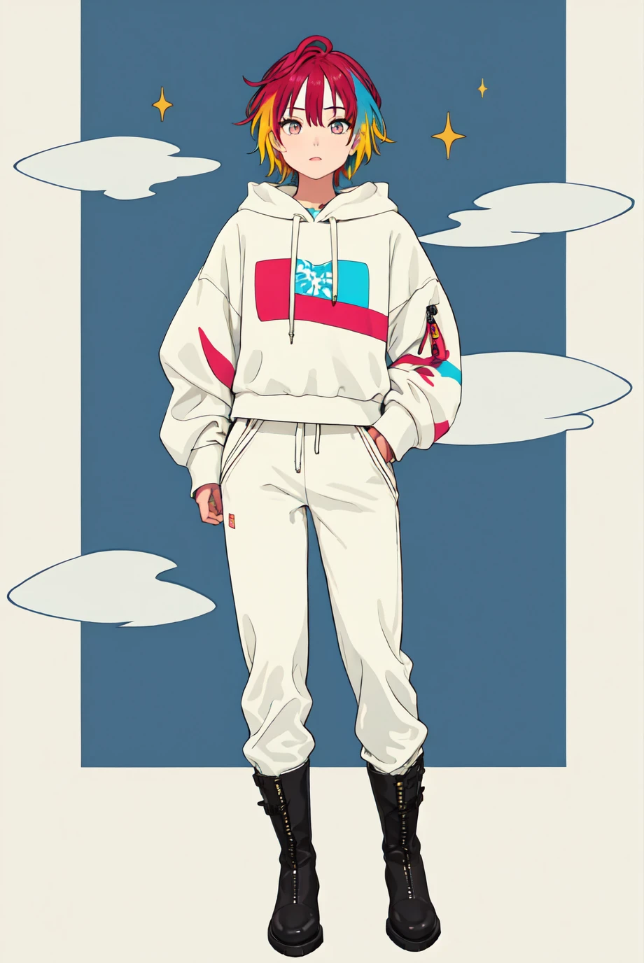 1girl, full body, multicolored hair, pants, boots, hoodie, <lora:Outline_V2:0.8>