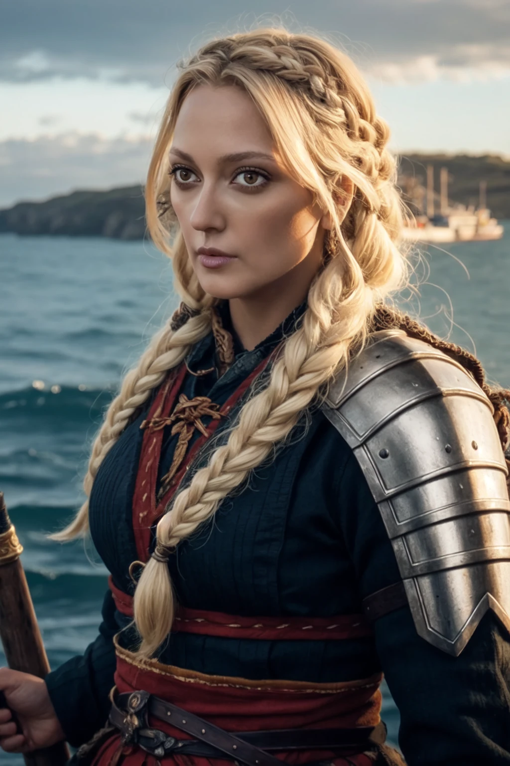 <lora:mondongo_LoRA_GeorgiaHirst:1> mndngwmn, blond hair, wearing a viking armor, black eyeliner, on a longboat, braids, (ultra realistic, 8k,high quality), above the waist photo