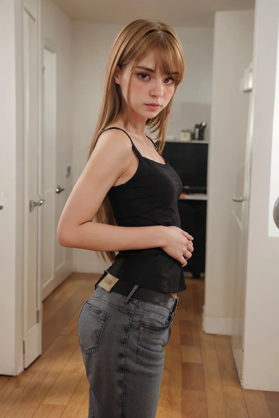 Stunning two Sweet Cuties. photorealistic girl, eyes, blue eyes, skinny, girl, real Beautiful face, full body standing, egirl, gameroom, in ass, mini shorts, smiling, blue