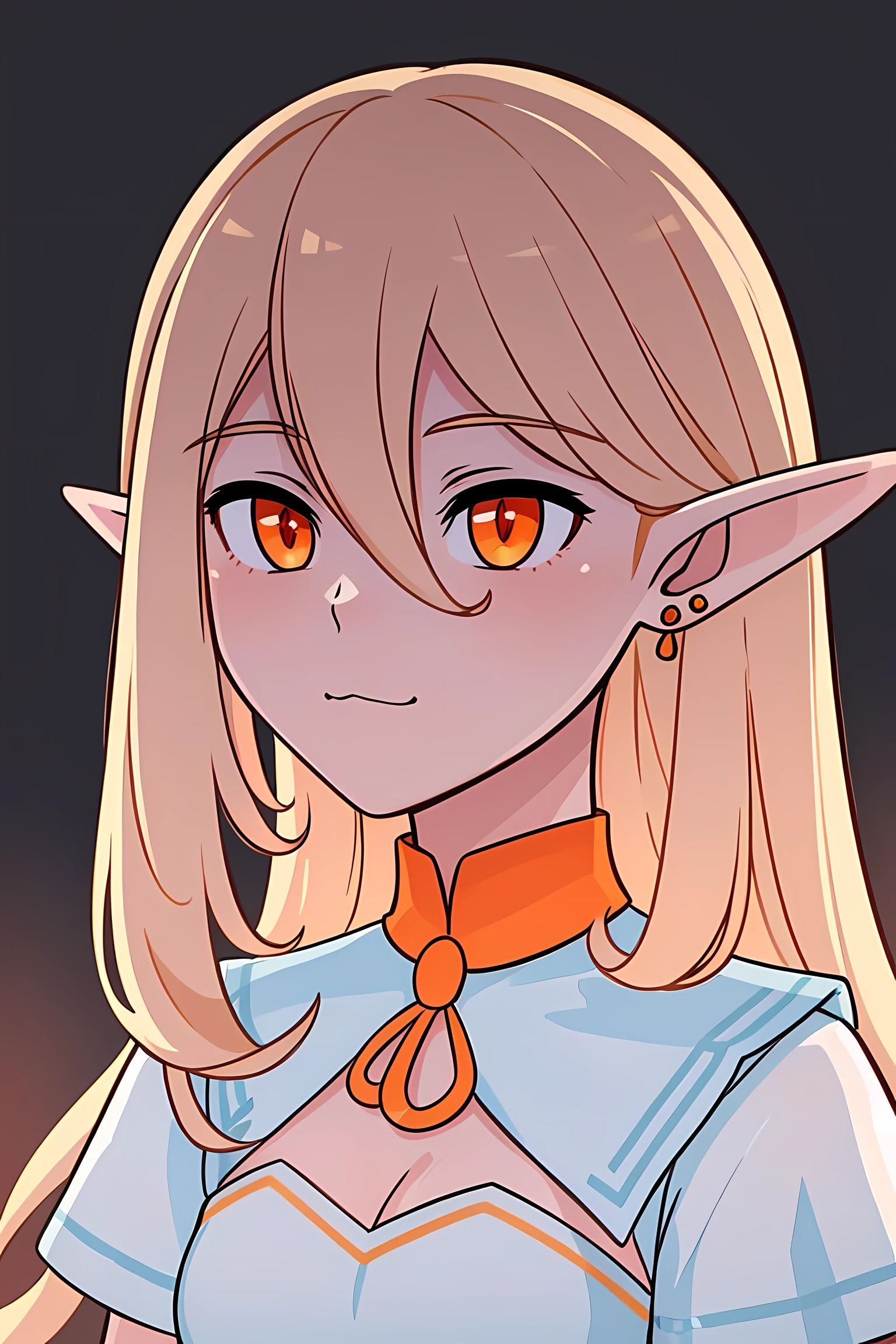 dark shot, masterpiece, best quality, very detailed illustrations, <lora:Iris:0.5>, 1girl, solo, elf, :3, long blonde hair, jewelry, earrings, orange eyes, white dress, hair between eyes, portrait