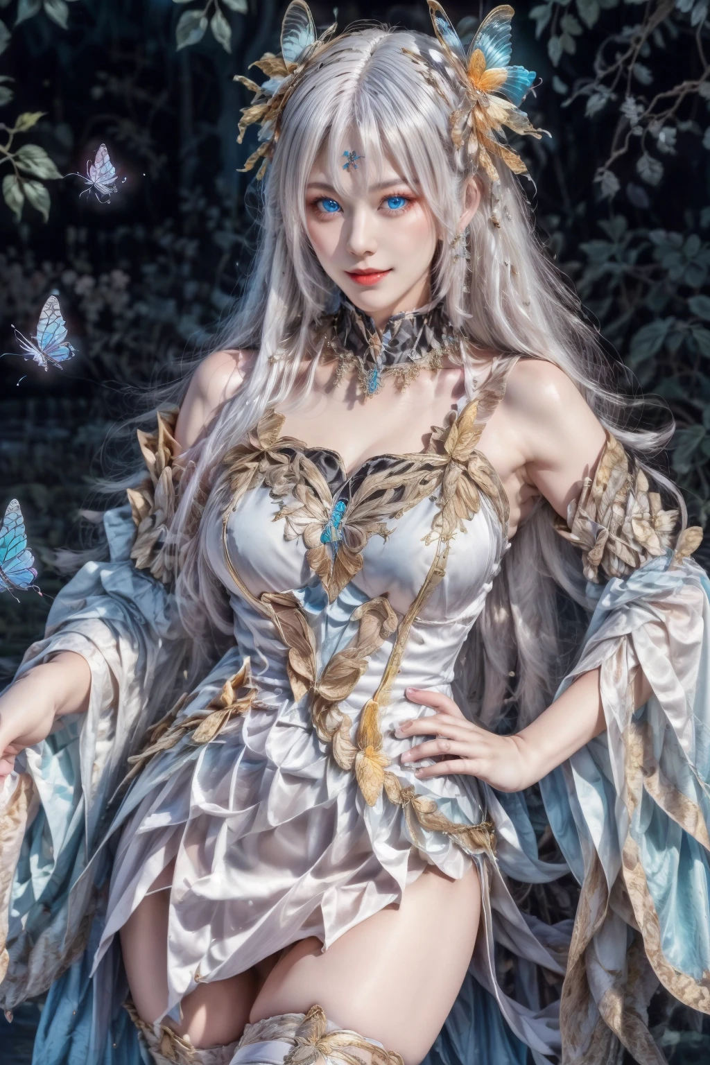 <lora:xishi-09:0.8>,masterpiece,best quality,super high resolution,best quality,4k,(Realistic:1.2),xishi,1girl,blue eyes,solo,white hair,long hair,detached sleeves,looking at viewer,dress,butterfly,smile,white dress,thighhighs,hair ornament,lips,bare shoulders,