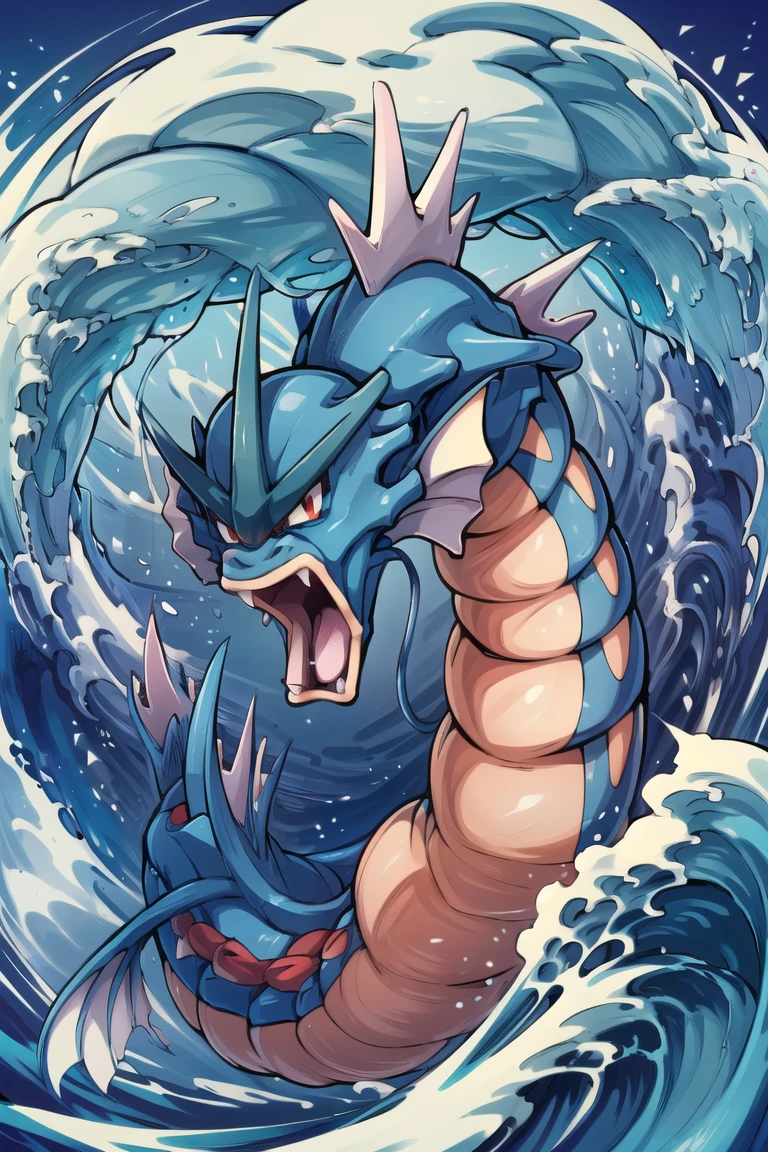 ((masterpiece,best quality)), absurdres,
<lora:Gyarados:0.8>, Gyarados, blue scales, 
animal focus, 
fangs, gen 1 pokemon, highres, nanamiyuki, nintendo, open mouth, red eyes, solo, tongue, tongue out, waves, whiskers, no humans,