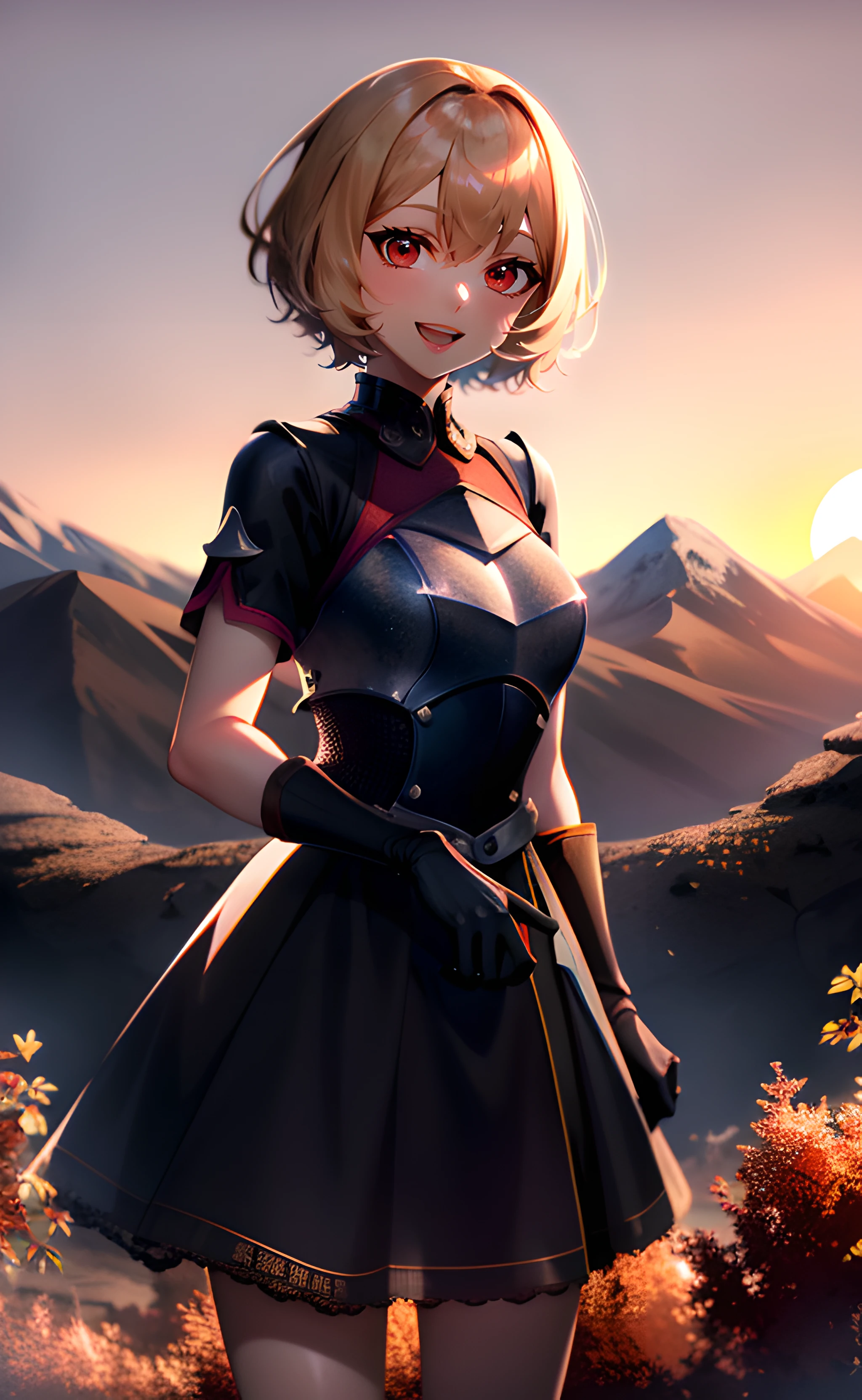 1girl, cowboy shot, standing, short hair, blonde hair, red eyes, armored dress, black dress, short sleeves, black gloves, open mouth, smile, nature, mountain, sunset, backlighting