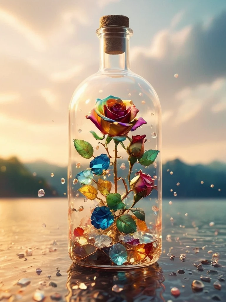 an image of, close-up, flowers MD_Jewelry,CN_SP style,the gem and Diamond colorful rose in the bottle on the rock near lake,water drop, gem leaves, golden ,faint light, front view ,film <lora:0210_rose-checkpoint-6000:0.7> <lora:20240205_spring_dragon_checkpoint-4000:0.7>