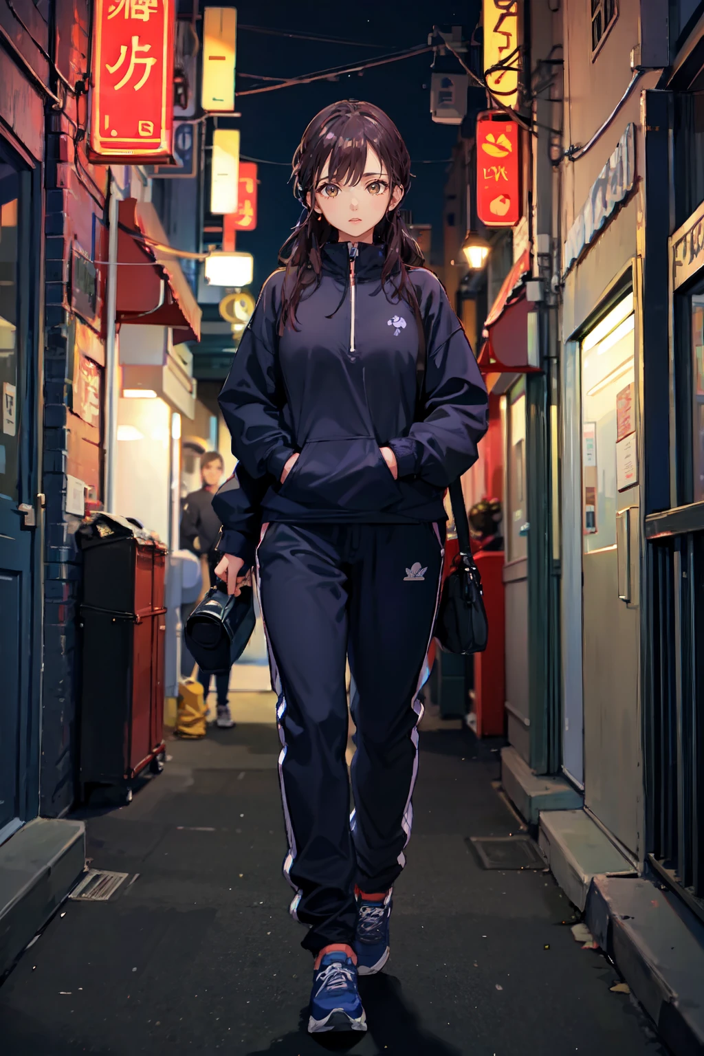 a woman wearing fleece pullover and track pants, city center, (rim lighting:0.5) <lora:fic-abby:0.8>