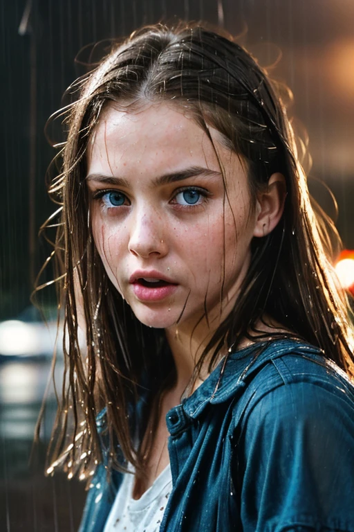 It's (raining heavily:1.4). Blair witch woods, worried girl, (scared, eyes wide, mouth open:1.1), (wet hair:1.4, Cinematic Shot, Movie Still, Film Still, Cinematic, Cinematic Shot, Cinematic Lighting. BREAK kyl13-001, brunette hair, blue eyes. fcHeatPortraitat