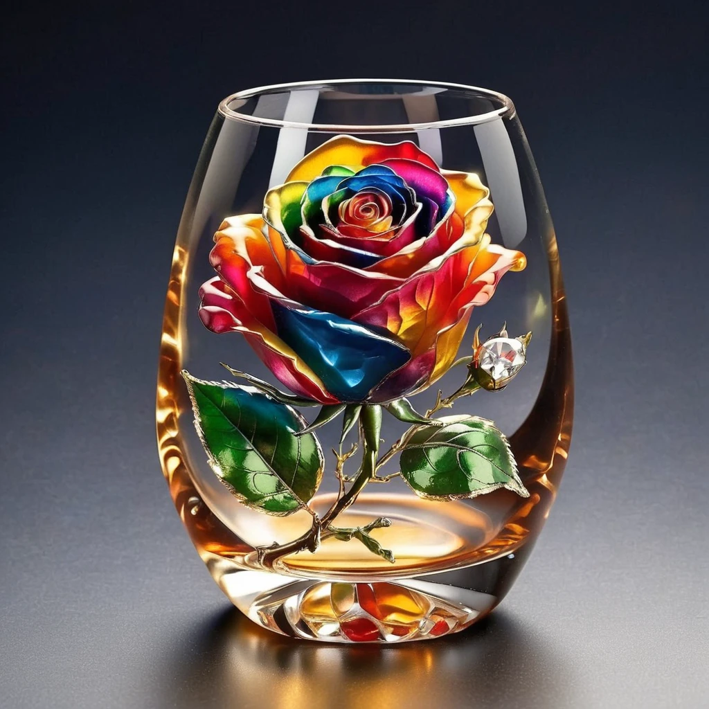 an image of, close-up,  flowers MD_Jewelry,CN_SP style,the gem and Diamond colorful rose in the whiskey glass ,whiskey,  gem leaves, golden ,dark background, faint light, front view ,film <lora:0210_rose-checkpoint-6000:0.7>  <lora:0208_sprint_festival-checkpoint-8000:0.5>