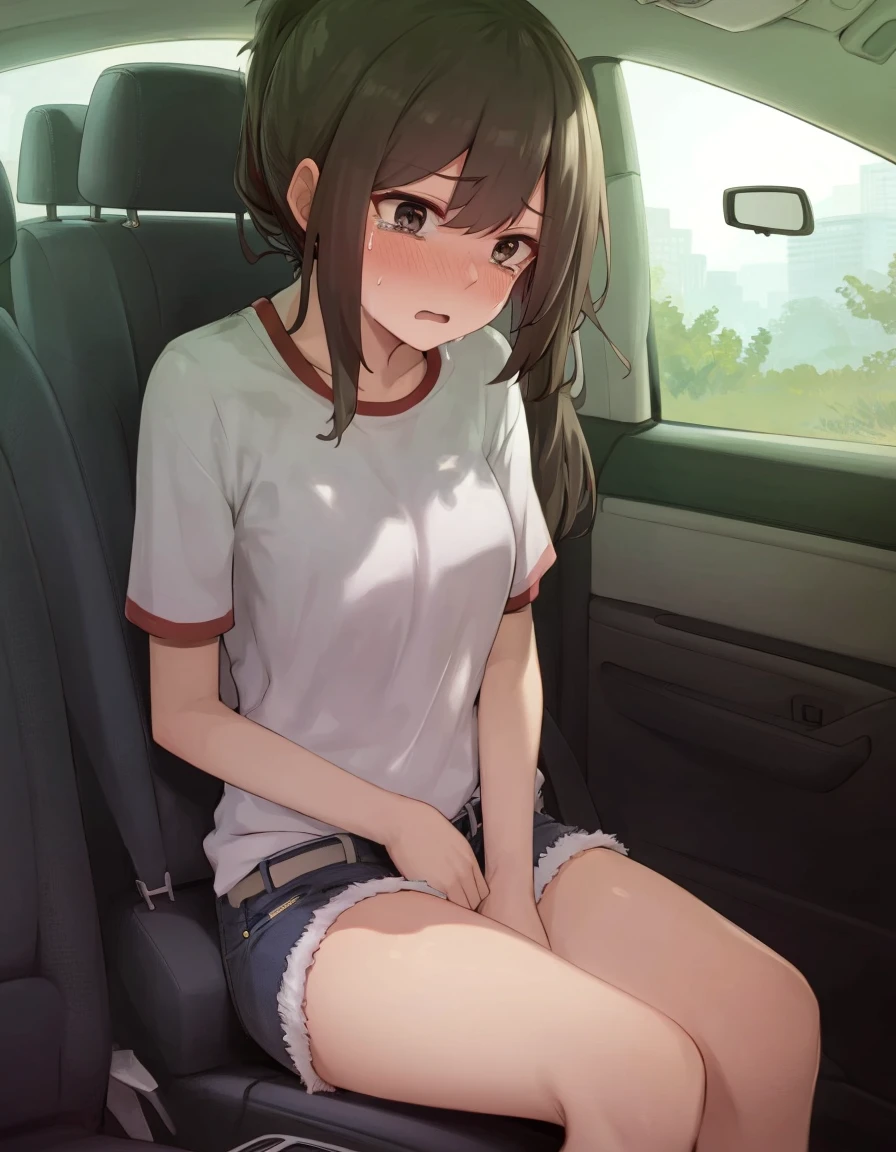 In the car,Lying on your back,,1 Girl, Red eyes, Twin tails, brown hair,((顔 focus)),upper body,Navy blue school swimsuit, undressing,pussy,bangs, eyebrows visible through hair, Small breasts,1boy,vaginale,Sex,cum in pussy,Woman on top