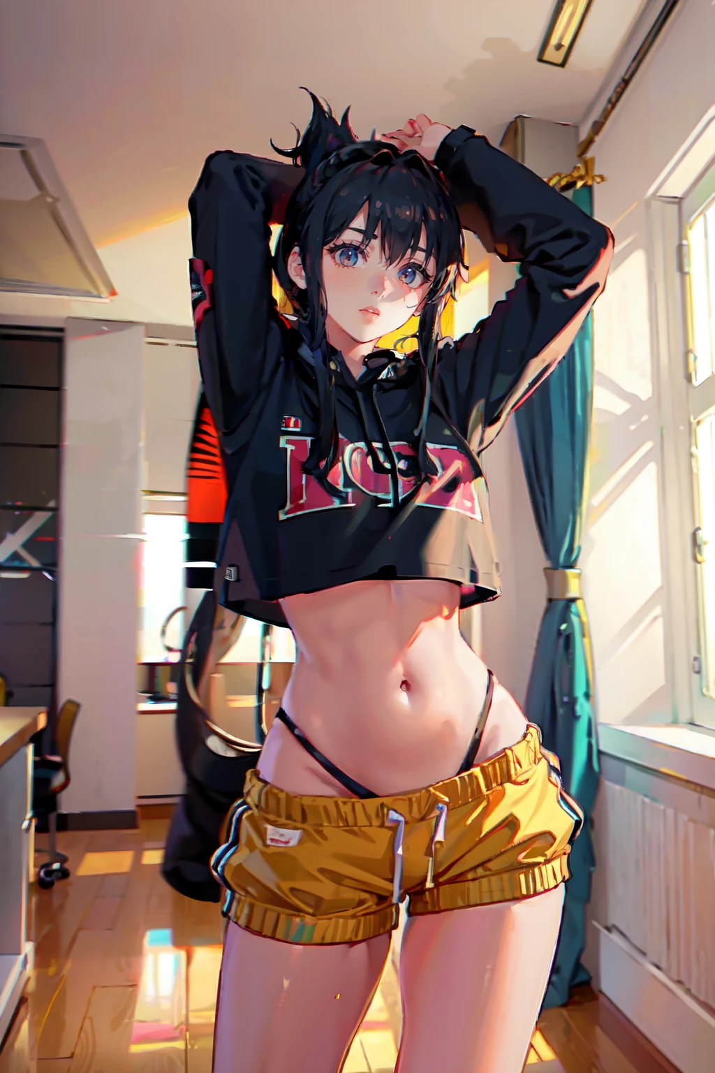 a woman wearing crop hoodie and track shorts, study room, (hard light:0.5) <lora:fic-theresa:1>