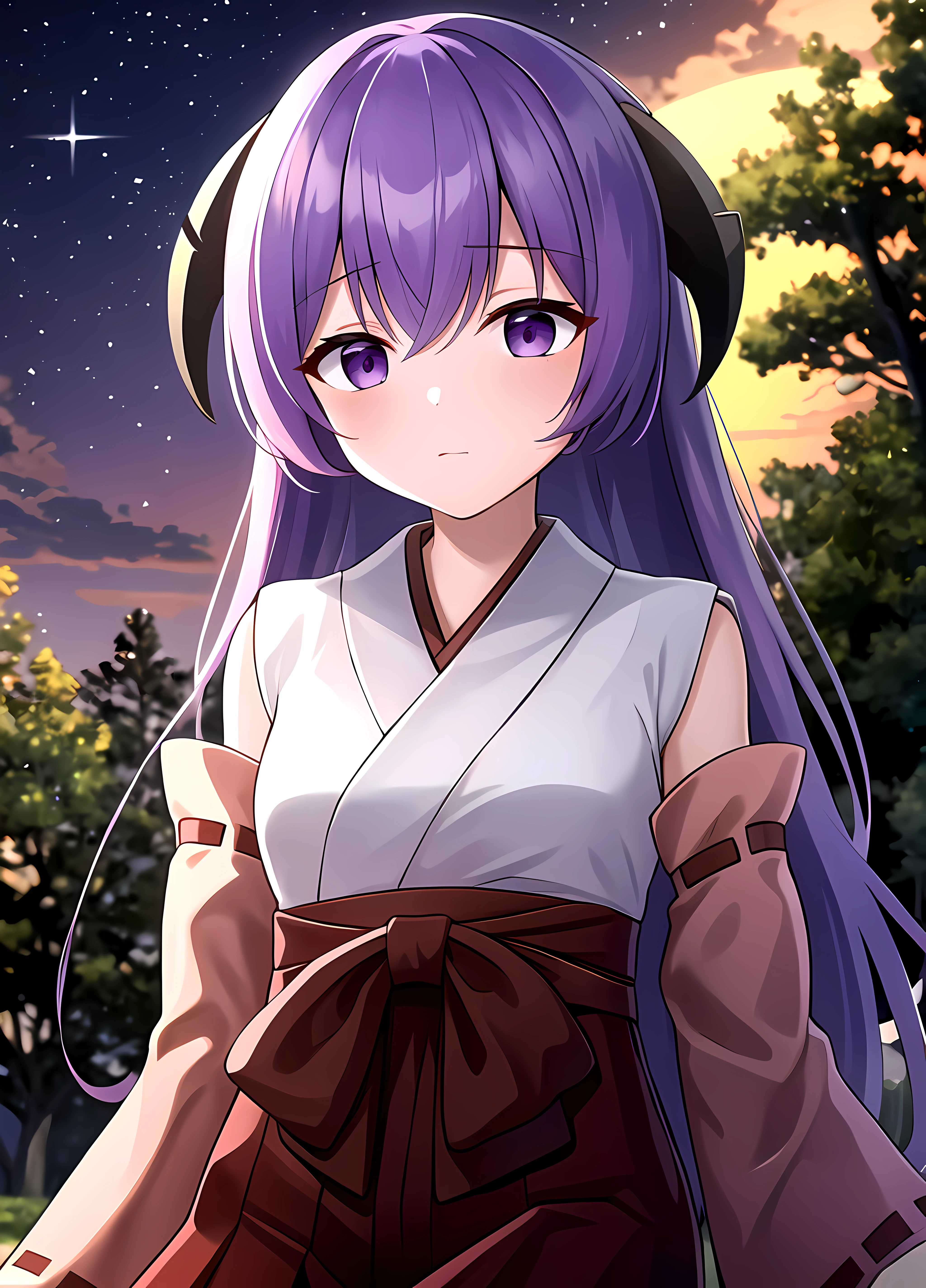 masterpiece, best quality, stars background, outdoors, trees, <lora:Hanyuu anylora13r30r37r-000006:0.7>, Hanyuu, 1girl, solo, purple eyes, horns, long hair, purple hair, looking at viewer,japanese clothes, miko, detached sleeves, hakama, hakama skirt, skirt, red hakama, ribbon-trimmed sleeves, close-up,