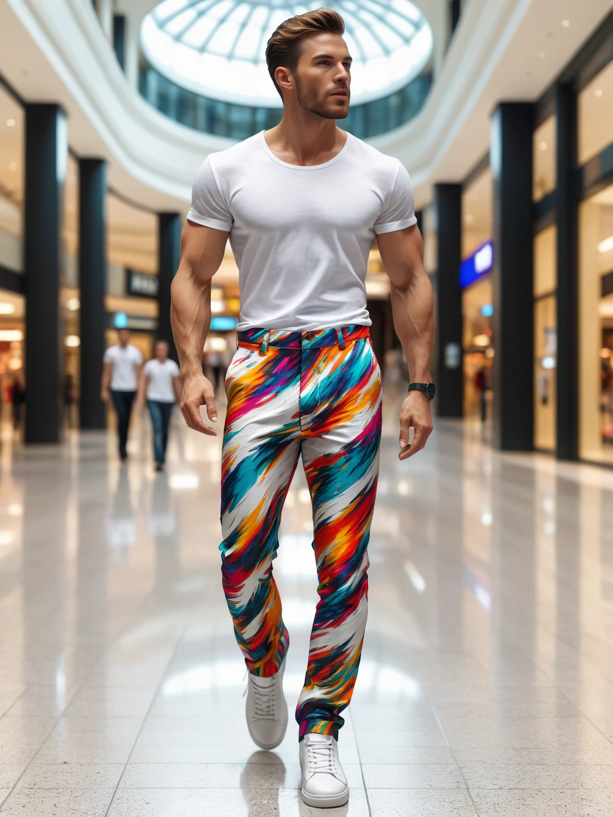 man wearing a colorful mad-exp pants and white tshirt walking through mall, dynamic pose <lora:Colorful_Expressionism_SDXL:0.6>, (masterpiece:1.2), best quality, (hyperdetailed, highest detailed:1.2), high resolution textures