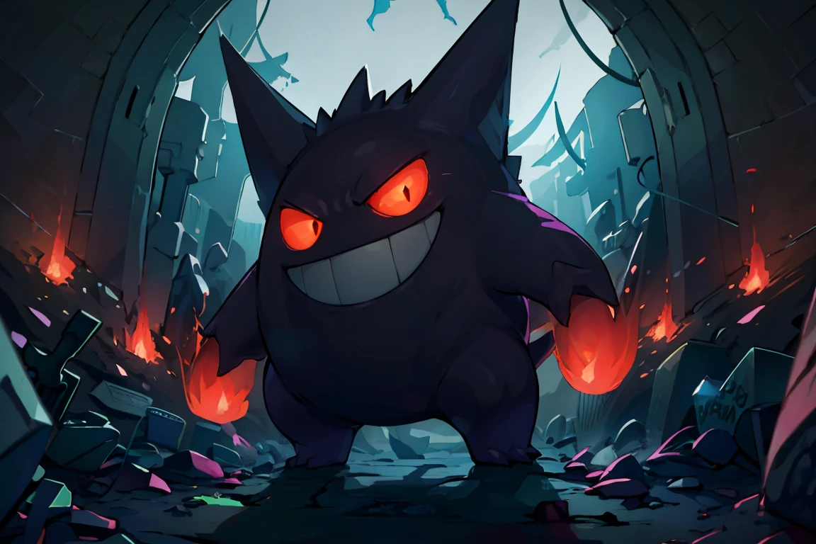 ((masterpiece,best quality)), absurdres, <lora:Gengar_v4:0.8>, gengar, no humans, creatures (company), full body, game freak, gen 1 pokemon, grin, kaosu (kaosu0905), nintendo, no humans, orange eyes, pokemon (creature), smile, solo, teeth
centered, award winning photo, (looking at viewer:1.2), evil grin, dynamic pose, graveyard, dark theme, bokeh, depth of field, cinematic composition,