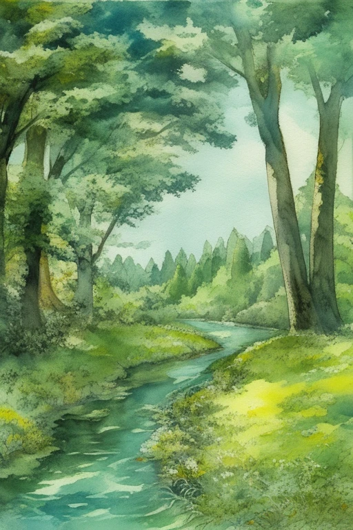 grass, watercolor, traditional media, wide shot, tree, forest, river