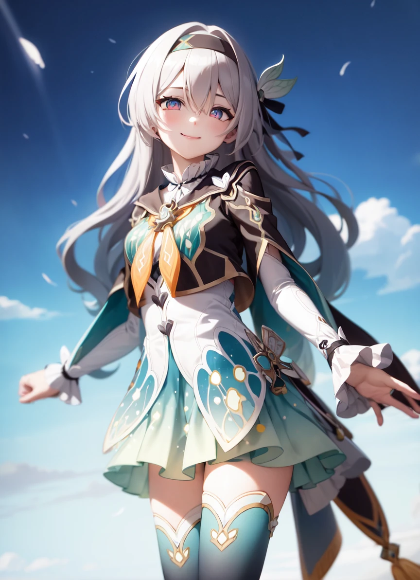 <lora:firefly:1> outdoors, sky,
firefly \(honkai: star rail\), 1girl, solo, dress, black hairband, long sleeves, long hair, purple eyes, capelet, looking at viewer, smile, hair between eyes, grey hair, thighhighs, green thighhighs, black thighhighs, closed mouth, multicolored eyes, white sleeves,
