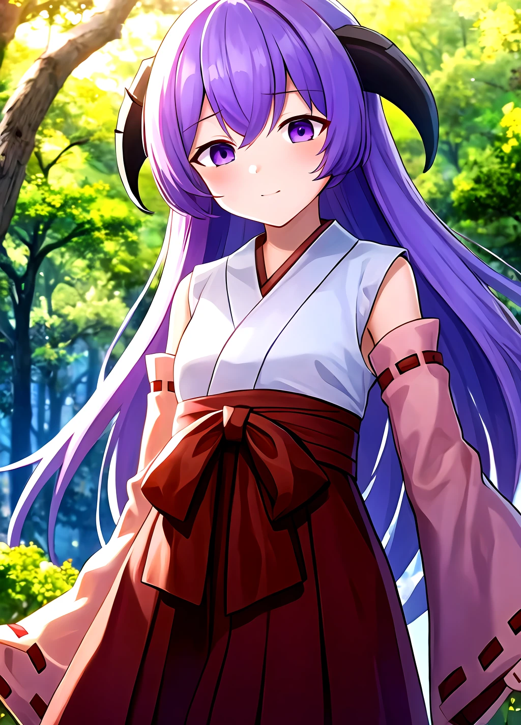 masterpiece, best quality, stars background, outdoors, trees, <lora:Hanyuu anylora13r30r37r-000006:0.7>, Hanyuu, 1girl, solo, purple eyes, horns, long hair, purple hair, looking at viewer,japanese clothes, miko, detached sleeves, hakama, hakama skirt, skirt, red hakama, ribbon-trimmed sleeves, close-up,