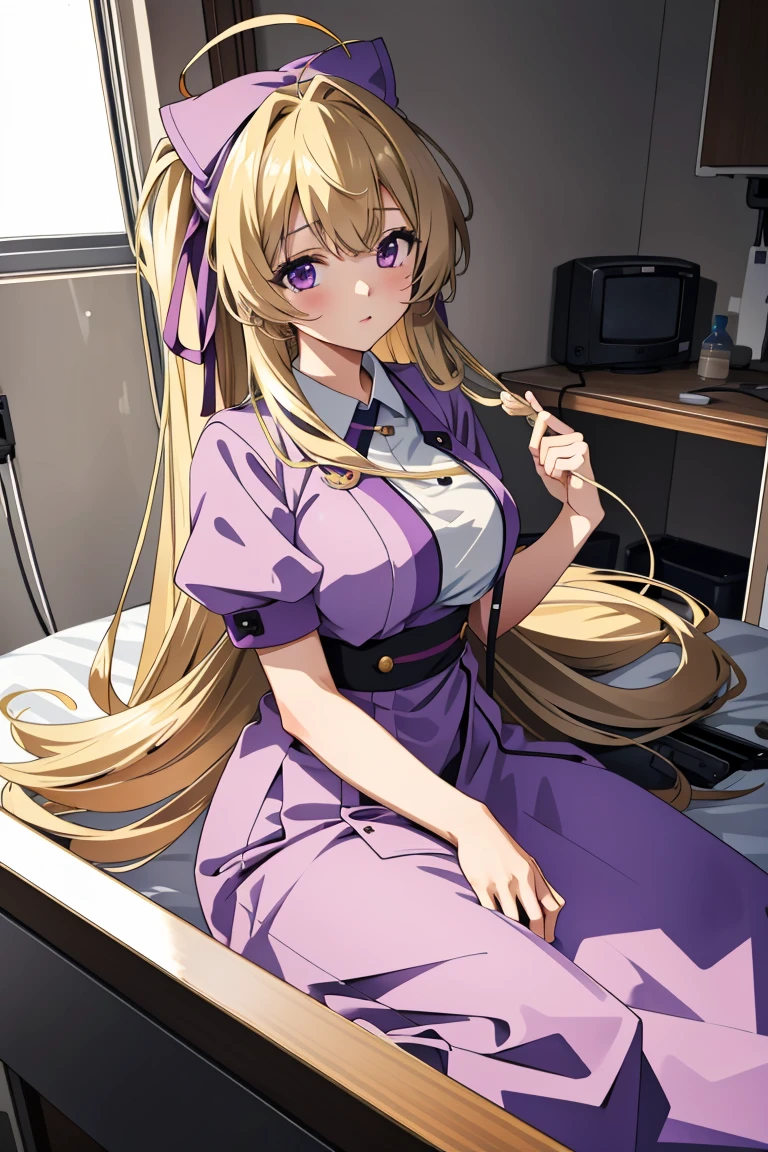 ((masterpiece, best quality,lower_body)), operating table,medical monitors,hospital bed,  <lora:Hitomi Naruse v1:0.8> (hitomi naruse, 1girl, very long hair, large breasts, blonde hair, purple eyes, hair ribbon, antenna hair),