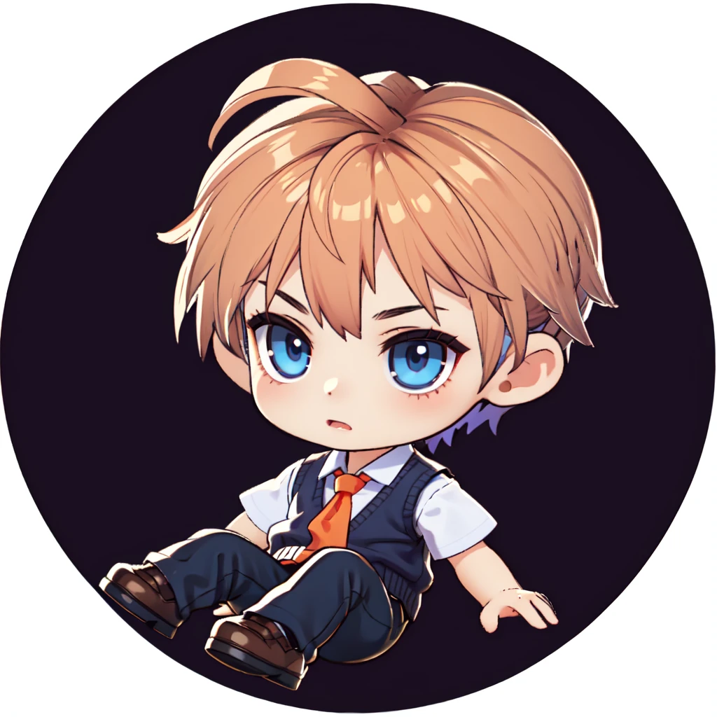 (chibi:1.2),  1boy,  solo,  ahoge,  blue eyes,  white collared shirt,  navy sweater vest,  orange necktie,  black pants,  brown shoes,  masterpiece,  best quality,  white background,  Detailedface,  High detailed, <lora:EMS-19833-EMS:0.600000>