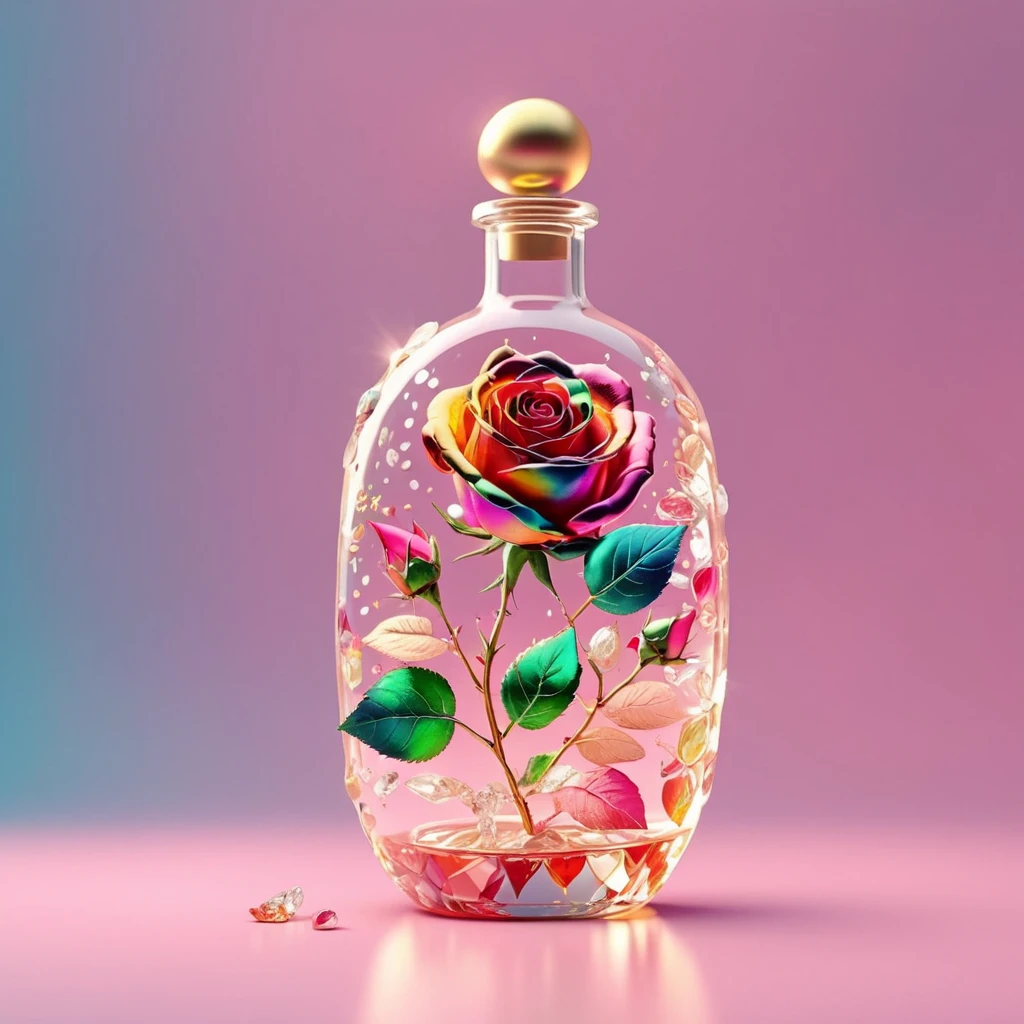 an image of, close-up,  flowers MD_Jewelry,CN_SP style,the gem and Diamond colorful rose in the bottle,  gem leaves, golden ,particles,dymanic pink background, faint light, front view ,film <lora:0210_rose-checkpoint-6000:0.7>  <lora:0208_sprint_festival-checkpoint-8000:0.5>