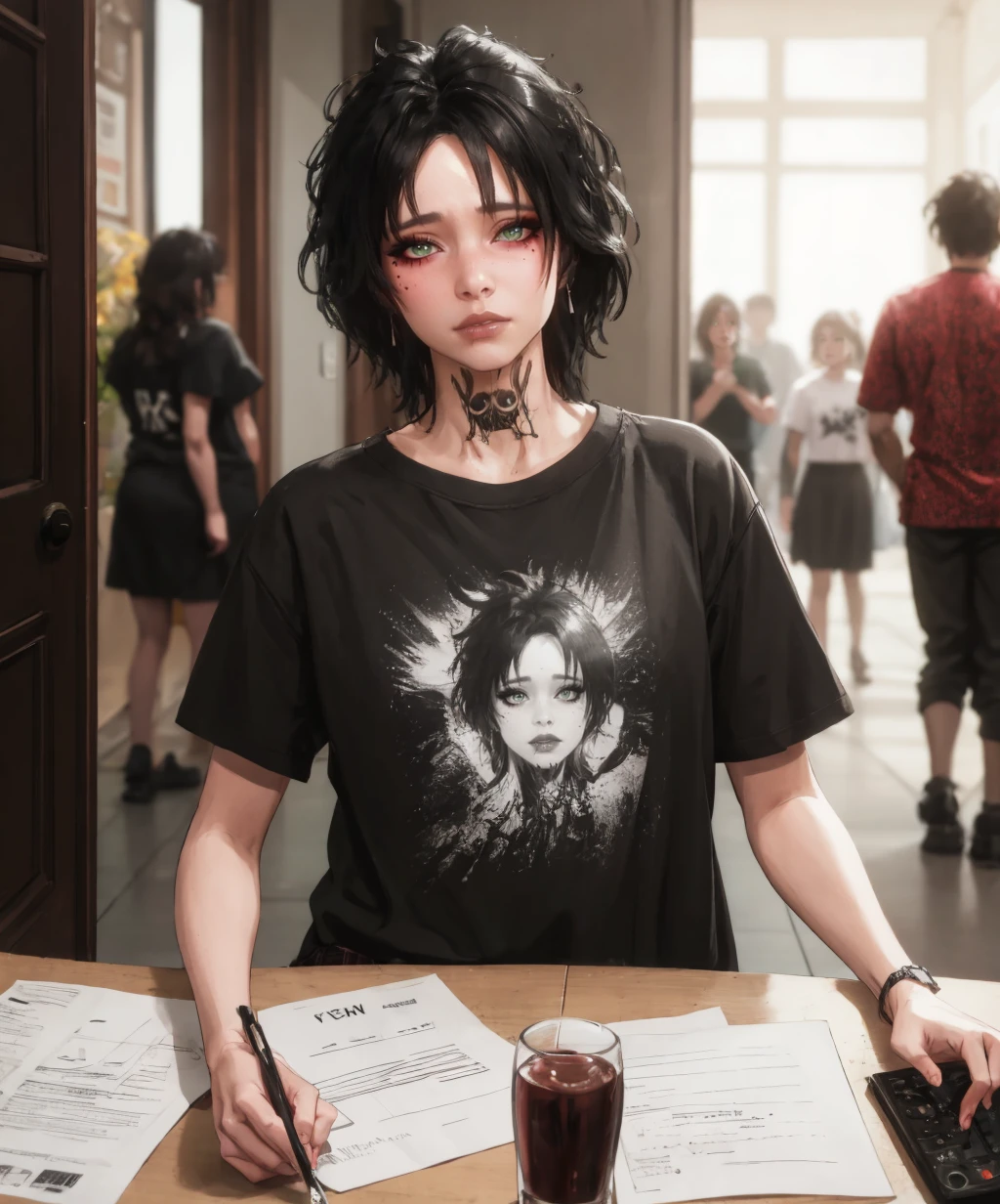 evelyn, punk, black hair, messy hair, short hair, blurry, clothing cutout, shirt, band shirt, red plaid skirt, blurry background, upper body, solo, <lora:evelyn-05:0.8>, <lora:punk_v0.2:0.8>