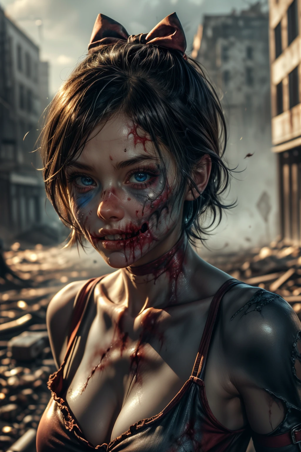 40_Zoey olderv2,Zombie,dynamic angles,masterpiece,(detailed),(detailed skin),short hair,a red bow in her hair,blue eyes,wearing a cute dress,outdoors,solo,breasts,cleavage,collarbone,lips,in an apocalyptic city,extremely detailed 8K,smooth,high resolution,ultra quality,highly detailed,perfect eyes,both eyes are the same,hd,2k,4k,8k,16k,(((full body))),(((action poses))),(looking at viewer),<lora:more_details:0.6>,vivid colors,volumetric lighting,volumetric light,hdr,ray tracing,<lora:Zoey_zombie_olderV2_r40:0.7>,