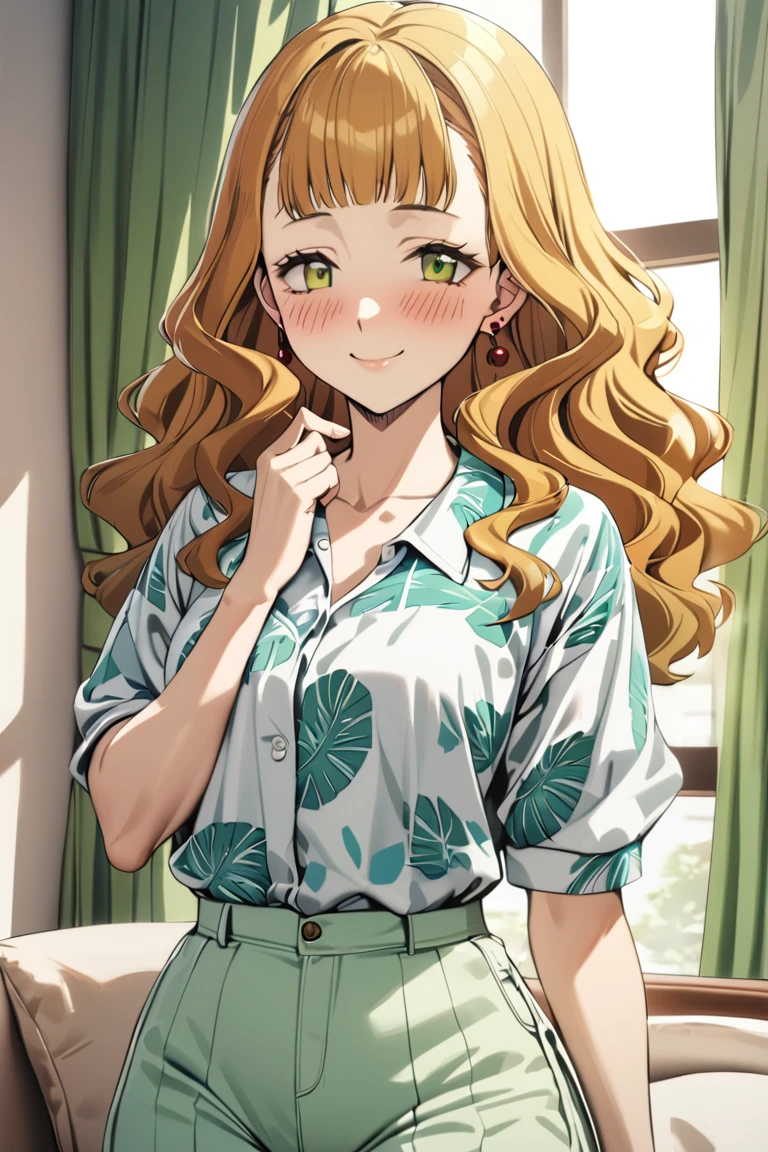 masterpiece, best quality, ultra detailed, cute, 
1girl, mimosa vermillion, green eyes , wavy hair, earrings,
casual clothes, hawai shirt, printed, checkered shirt, oversized shirt, tucked in, pants, layered pants, drapes, , blush, smile ,cowboy shot, looking at viewer, best quality, absurdres, best aesthetic
<lora:MimosaVermillion_XL-000009:1>