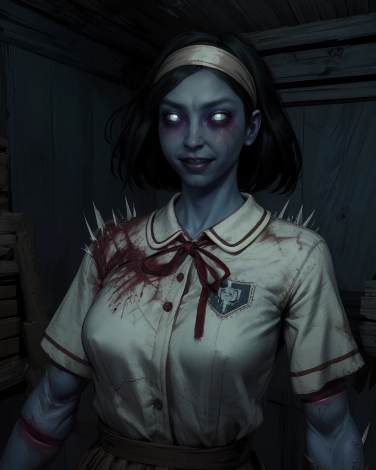 TheSpirit,black hair,medium hair,white eyes,flesh,blue skin,injury,severed limb,hairband,
school uniform,
toned,
standing, upper body,  evil smile, 
cabin,
night,
(insanely detailed, masterpiece, best quality),solo,<lora:TheSpiritSCh:0.8>,