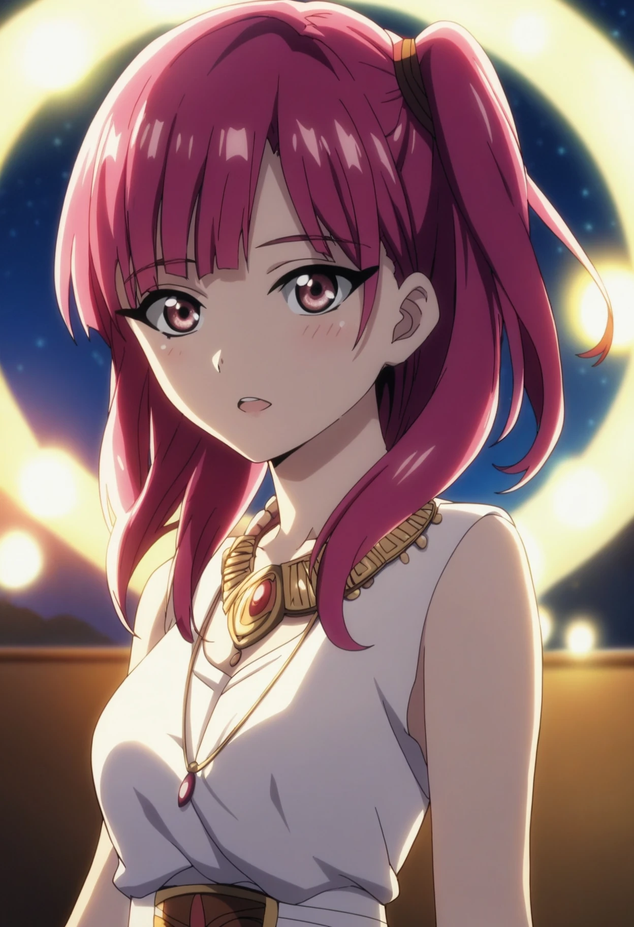 1girl, morgiana, solo, <lora:morgiana_ponyxl:0.8>, pink eyes, pink hair, BREAK
upper body, dress, white dress, bare shoulders, jewelry, golden necklace, BREAK
night, night sky, starry sky, BREAK
score_9, score_8_up, score_7_up, score_6_up, score_5_up, score_4_up, anime,
(high quality, detailed, beautiful), shiny, detailed beautiful eyes, outstanding, countershading, detailed soft lighting