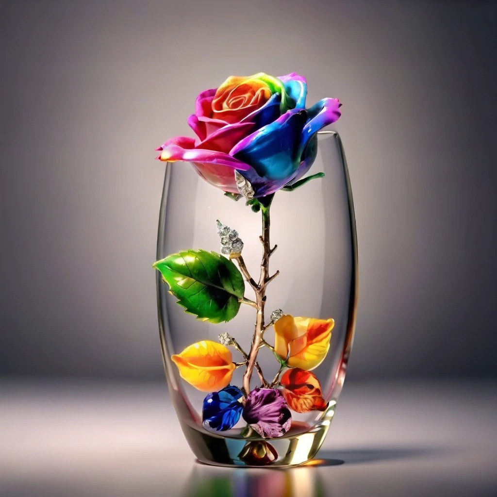 an image of flowers MD_Jewelry, front view, a colorful gem and Diamond rose in the bottle ,dynamic dark background , masterpiece, UHD, natural light, realistic<lora:0210_rose-checkpoint-6000:1>